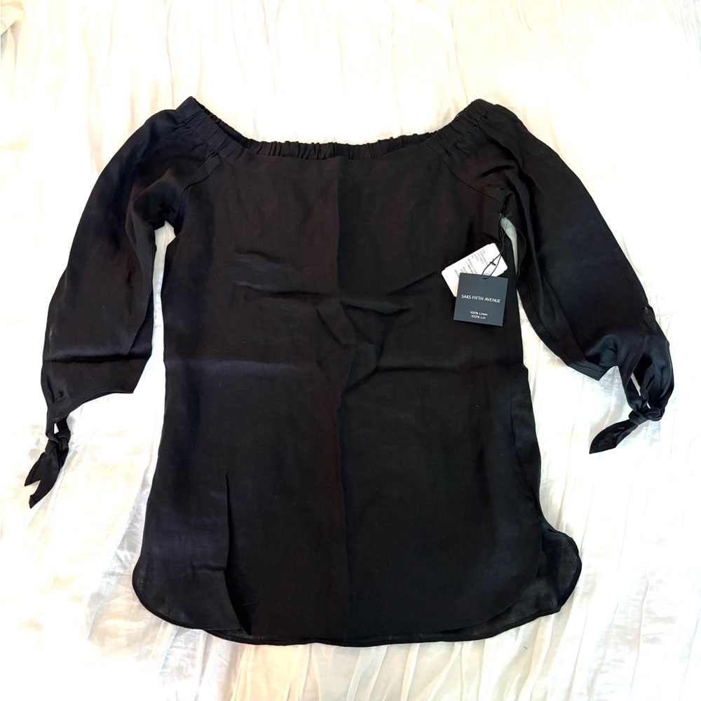NWT- 100% Linen Saks Fifth Avenue Black Off-Shoulder Blouse